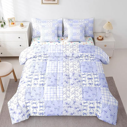Feelyou Purple Bow Comforter Set with Sheets Full Size Kids Bowknot Plaid 7 Pieces Bedding Set for Boys Girls Teens Gift for Girls Women Grid Bed in a Bag Breathable Princess Décor Bed Set
