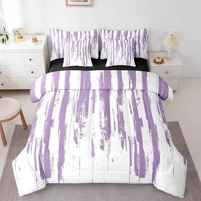 Erosebridal 7Pcs Lavender White Boho King Comforter Set,Geometric Stripes Striped Abstract Bed in A Bag for Women Men Adults Teens,Modern Art Aesthetic Violet Purple Ink Quilt Set with Pillowcases
