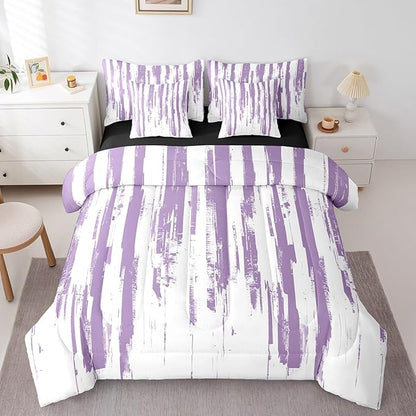 Erosebridal 7Pcs Lavender White Boho Queen Comforter Set,Geometric Stripes Striped Abstract Bed in A Bag for Women Men Adults Teens,Modern Art Aesthetic Violet Purple Ink Quilt Set with Pillowcases