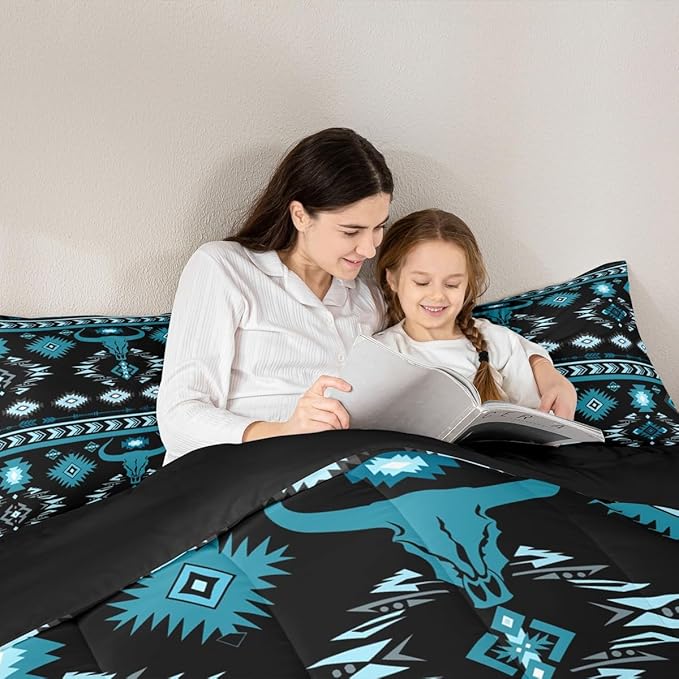 Feelyou Kids Western Decor Bedding Set Full Size Southwestern Aztec Comforter Set for Boys Girls Ethnic Tribal Bull Skull Duvet Quilt