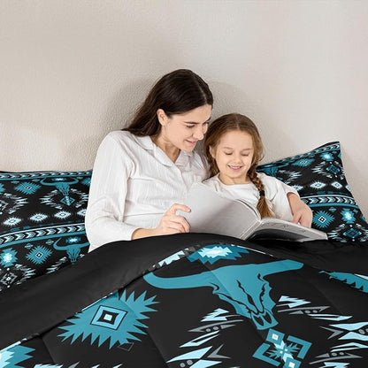 Feelyou Kids Western Decor Bedding Set Twin Size Southwestern Aztec Comforter Set for Boys Girls Ethnic Tribal Bull Skull Duvet Quilt