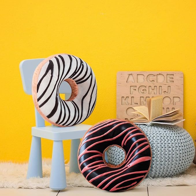 HYSEAS Round Throw Pillow 14 Inch Chocolate Pink Donut, 2 Pack 3D Digital Print, Decorative Plush Funny Food Shaped Seat Cushion, for Couch, Chair, Floor, Sofa