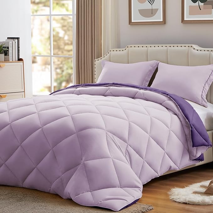 NexHome King Size Comforter Set Purple&Light Purple, 3 Pieces Lightweight Reversible Comforter King Size, All Season Fluffy Down Alternative Comforter Bed Set Quilt Blanket