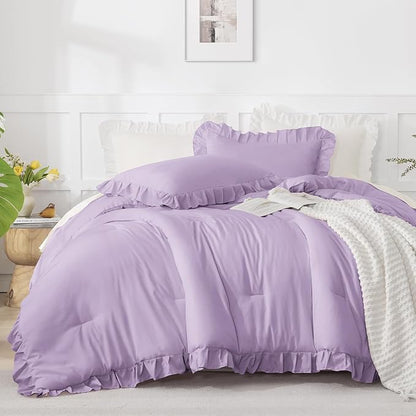 Andency Lavender Ruffle Comforter King(104x90Inch), 3 Pieces(1 Ruffled Comforter and 2 Pillowcases) Solid Farmhouse Shabby Chic Comforter, Vintage Rustic Soft Microfiber Bedding Set