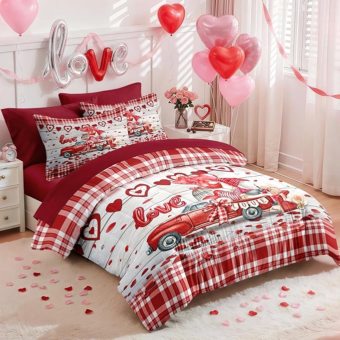 Nesker 7 Pcs Valentine's Day Comforter Set Queen Size, Romantic Heart Truck Bedding Set for Kids and Adults, Sweet Love Gnomes Sheets Bed Sheet Sets with Fitted Sheet 2 Pillowcases & 2 Shams
