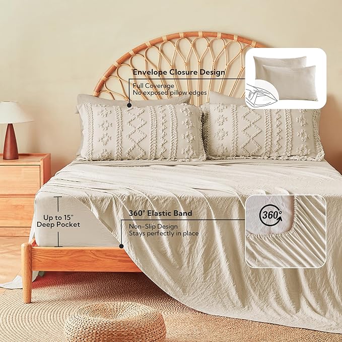 MR&HM Tufted Boho Comforter Set Full Size, Linen Farmhouse Bedding Set, Bed in a Bag Set 7 Pieces with 1 Comforter, 2 Pillow Shams, 2 Pillowcases, 1 Flat Sheet, 1 Fitted Sheet for All Seasons