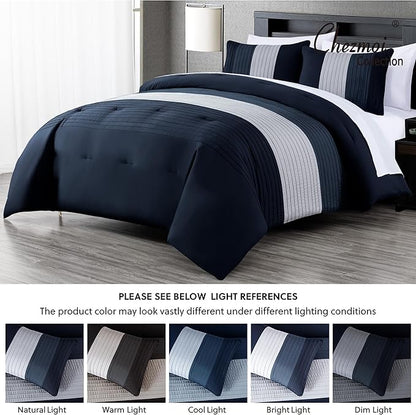 Chezmoi Collection Briar 7-Piece Queen Bed in a Bag - All Season Lightweight Microfiber Comforter Set - Includes Sheets & Shams - Navy/Blue/Gray Pleated Stripe Design