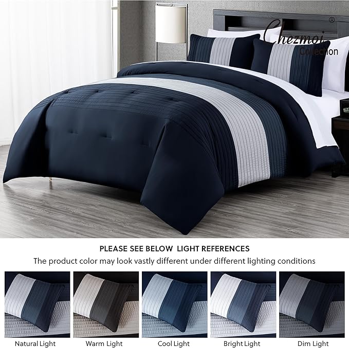 Chezmoi Collection Briar 7-Piece California King Bed in a Bag - All Season Lightweight Microfiber Comforter Set - Includes Sheets & Shams - Navy/Blue/Gray Pleated Stripe Design