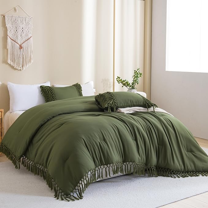 Andency Olive Green Full Size Comforter Set, 3 Pieces Boho Tassel Lightweight Soft Bedding Comforter Sets, All Season Fluffy Fringe Bed Set (79x90In Comforter & 2 Pillowcases)