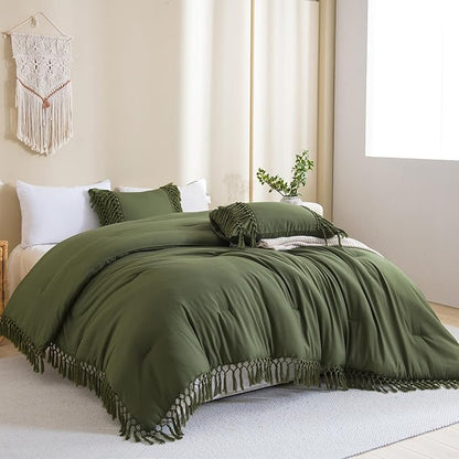 Andency Olive Green Full Size Comforter Set, 3 Pieces Boho Tassel Lightweight Soft Bedding Comforter Sets, All Season Fluffy Fringe Bed Set (79x90In Comforter & 2 Pillowcases)