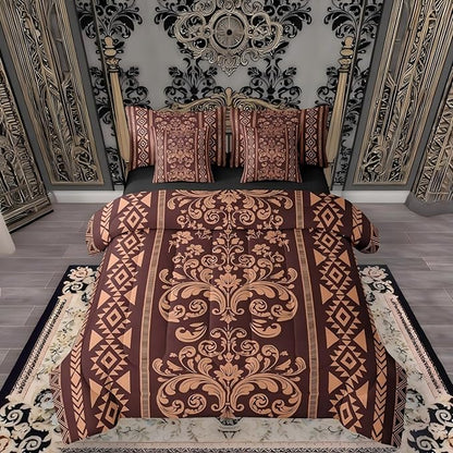 Comforter Set Twin Size, Burnt Sienna Aztec Damask 7 Pcs Bedding for Kids Adults, Victorian Decor Western Baroque Goth Bed Sheet Sets with Fitted Sheet 2 Pillowcases & 2 Shams for Bedroom Bed Decor