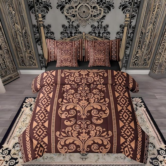 Comforter Set Full Size, Burnt Sienna Aztec Damask 7 Pcs Bedding for Kids and Adults, Western Goth Floral Victorian Bed Sheet Sets with Fitted Sheet 2 Pillowcases & 2 Shams for Bedroom Bed Decor