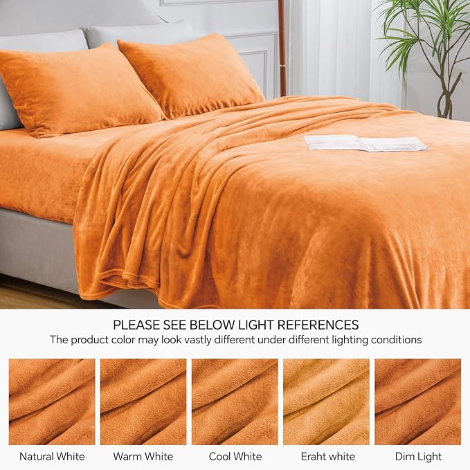 BEDELITE Flannel Sheets Queen Size Burnt Orange - Super Soft Fall Fleece Sheets Set Fluffy Extra Plush, 4 Piece(Include Fitted Sheet, Flat Sheet, 2 Pillowcases)