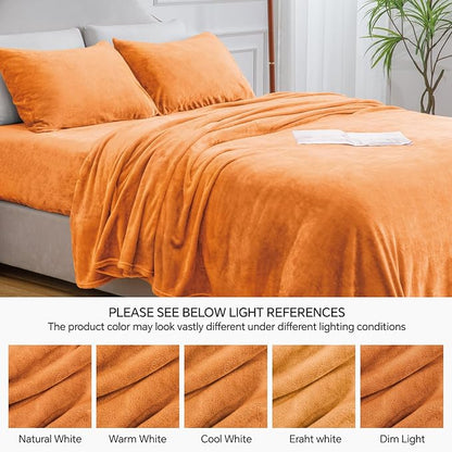 BEDELITE Flannel Sheets Queen Size Burnt Orange - Super Soft Fall Fleece Sheets Set Fluffy Extra Plush, 4 Piece(Include Fitted Sheet, Flat Sheet, 2 Pillowcases)