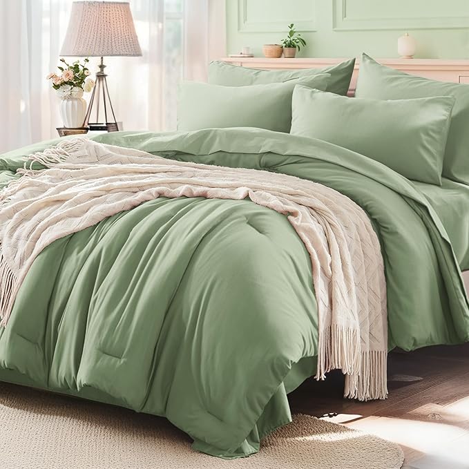 Anluoer Sage Green King Comforter Set 7 Pieces, Bed in a Bag with Sheets, All Season Bedding Sets with 1 Comforter, 2 Pillow Shams, 2 Pillowcases, 1 Flat Sheet, 1 Fitted Sheet