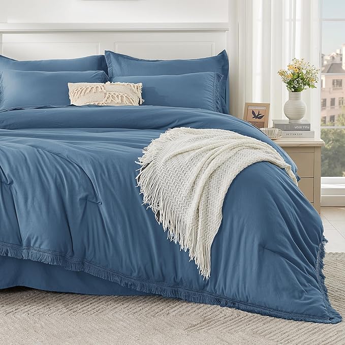 Andency Full Size Comforter Set Sea Blue -7 Pieces Boho Tassel Bed in a Bag Soft Lightweight Bedding Sets, Fringe All Season Bed Set with Comforter, Sheets, Pillowcases & Shams