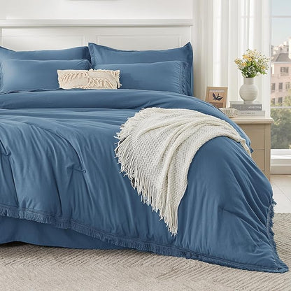 Andency Queen Comforter Set with Sheets Sea Blue - 7 Pieces Boho Tassel Bed in a Bag Soft Lightweight Bedding Sets, Fringe Bed Set with Comforter, Sheets, Pillowcases & Shams