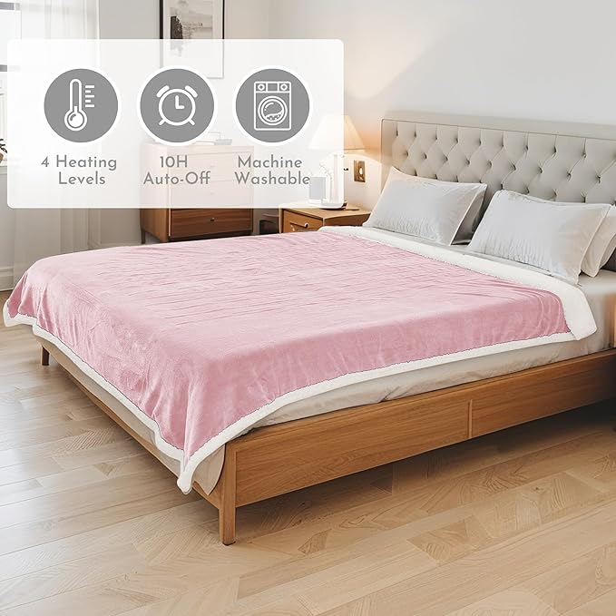 Electric Heated Blanket 84"x90" Queen Size Microplush Cover Blanket, 4 Heat Settings & 10 Hours Auto Off, Cozy & Warm for All Night, Machine Washable, Light Pink