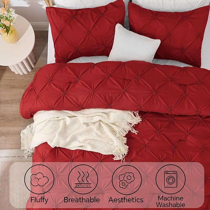 BEDELITE Red Queen Comforter Set - 3 Pieces Boho Pintuck Bedding Comforter Sets, Lightweight Soft & Warm Bed Comforter Queen with 2 Pillowcases for All Season