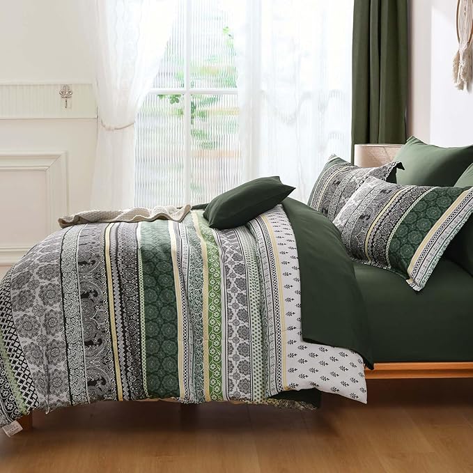 Cottolester Boho Comforter Set Queen Size,8 Pieces Dark Green Bohemian Striped Bed in a Bag,Paisley Soft Microfiber Bedding Comforter Set