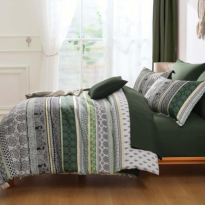 Cottolester Boho Comforter Set Queen Size,8 Pieces Dark Green Bohemian Striped Bed in a Bag,Paisley Soft Microfiber Bedding Comforter Set