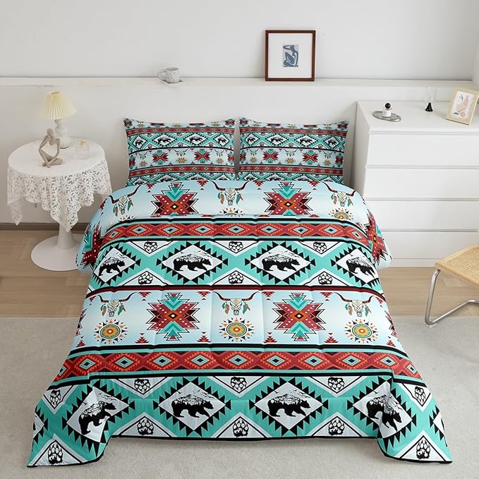Erosebridal Black Bear Bedding Sets Exotic Bull Skull Western Comforter Set Queen,Ethnic Tribe Arrow Aztec Quilt Indian Tribal Geometric Diamond Triangle Duvet Insert,Bohemian Western Decor,Red Teal