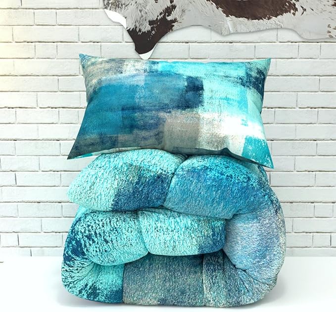 Teal Grey Comforter Sets for Kids Adults,3D Pattern with Bright Colors,Decorative Bedding Comforter Sets with 2 Pillow Shams, Queen Size