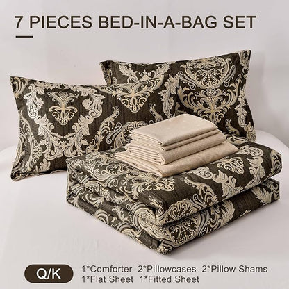 WONGS BEDDING 7 Pieces Comforter Set Queen Size,Damask Texture Design Bed in a Bag Bedding Sets,Brown Soft Lightweight Microfiber Bedding Set for All Season