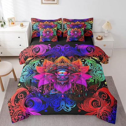 Mysterious Oriental Bed in a Bag Bohemian Lotus Bedding Full Size 7pcs, Hippie Mandala Comforter Set Teal Blue Paisley Bedding Comforter Sets, Tribal Feather Bedding Accessories Hamsa Fatima Eye Decor