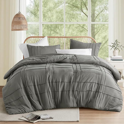 Comfort Spaces Grey Queen Size Comforter Set - 3 Piece Pintuck Pleated Bedding Set, All Season Lightweight, Extra Softness Pre-Washed Microfiber Bed Set, Shams