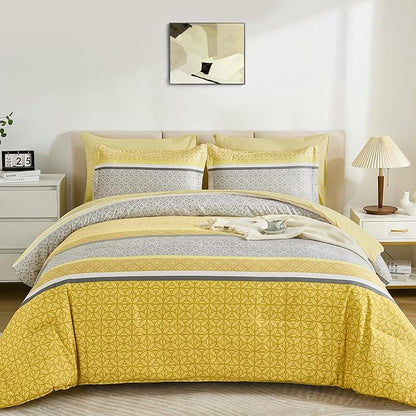 WONGS BEDDING Yellow Comforter Set Queen Size, 7 Pieces Striped Bed in a Bag Comforter and Sheet Set, Bohemian Soft Lightweight Micorfiber Bedding Set for All Seaon (90"×90")