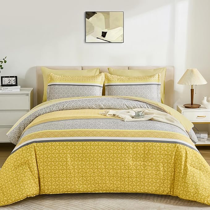 WONGS BEDDING Yellow Comforter Set King Size, 7 Pieces Striped Bed in a Bag Comforter and Sheet Set, Bohemian Soft Lightweight Micorfiber Bedding Set for All Seaon (90"×104")