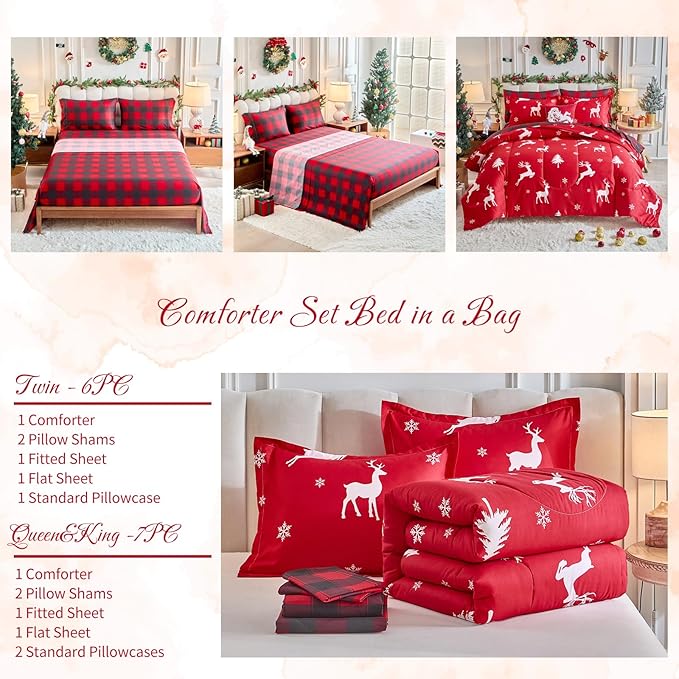 Christmas Bed in a Bag 7 Pcs Queen Size, White Deer Snowflake and Xmas Tree on Red Bedding Comforter Set Warm for Winter(1 Comforter, 1 Flat Sheet, 1 Fitted Sheet, 2 Pillow Shams, 2 Pillowcases)