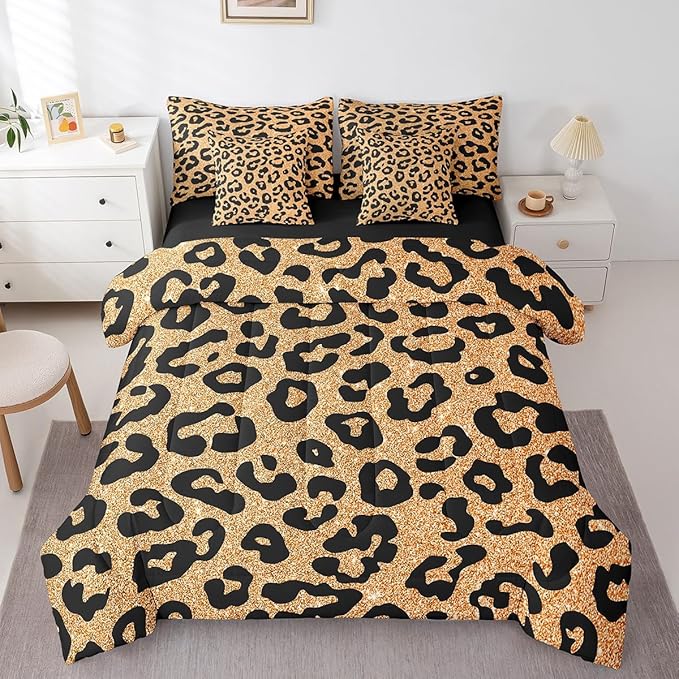7 Pieces Leopard Print Comforter Set Queen,Cheetah Wildlife Skin Bedding Set for Kids Teens Adults,Yellow Black Cheetah Print(Comforter+Fitted+Flat Sheet+2 Pillowcases+2 Throw Pillow Covers)