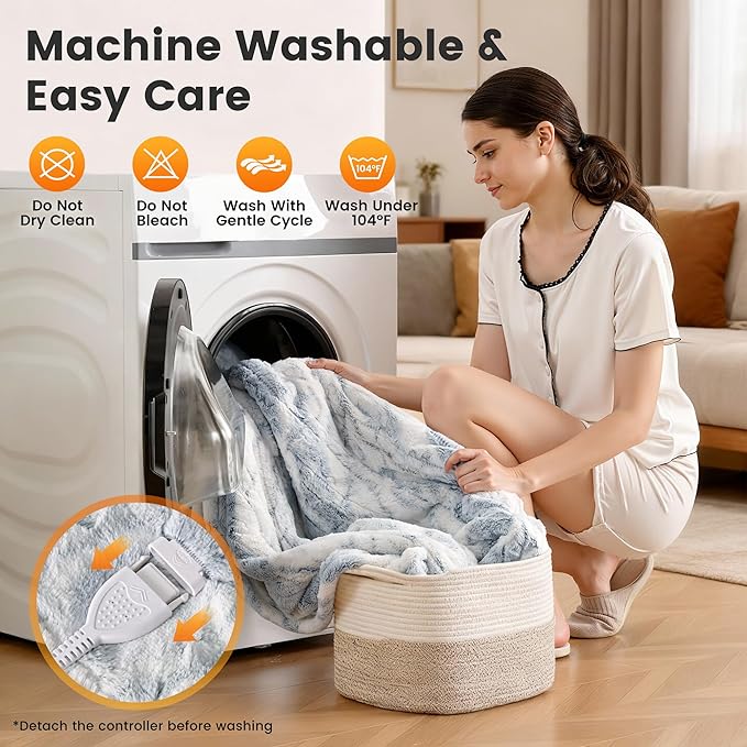 WOOMER Heated Blanket Full Size 77" x 84", Electric Blanket with 0.5-12 Hours Timer & 10 Heating Levels, ETL Certified, Marble Blue Double-Sided Faux Fur, Over-Heat Protect, Machine Washable