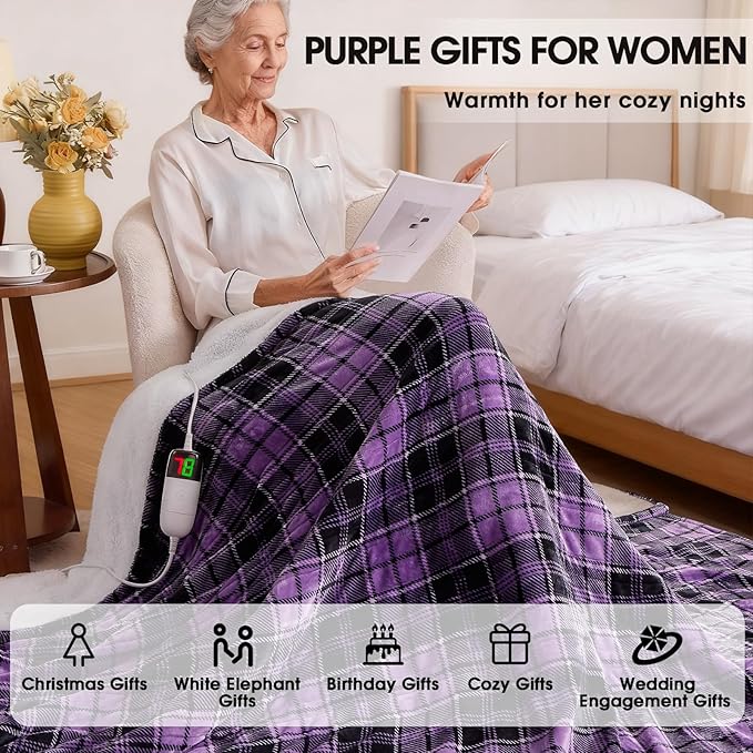 Purple Heated Blanket Electric Throw, 50X60 Heating Throw with 10 Heating Levels & 8 Hours Auto Off, Purple Gifts Sherpa Blanket Warmer for Couch Bed Office, Gifts for Mom Women Grandma Home Decor
