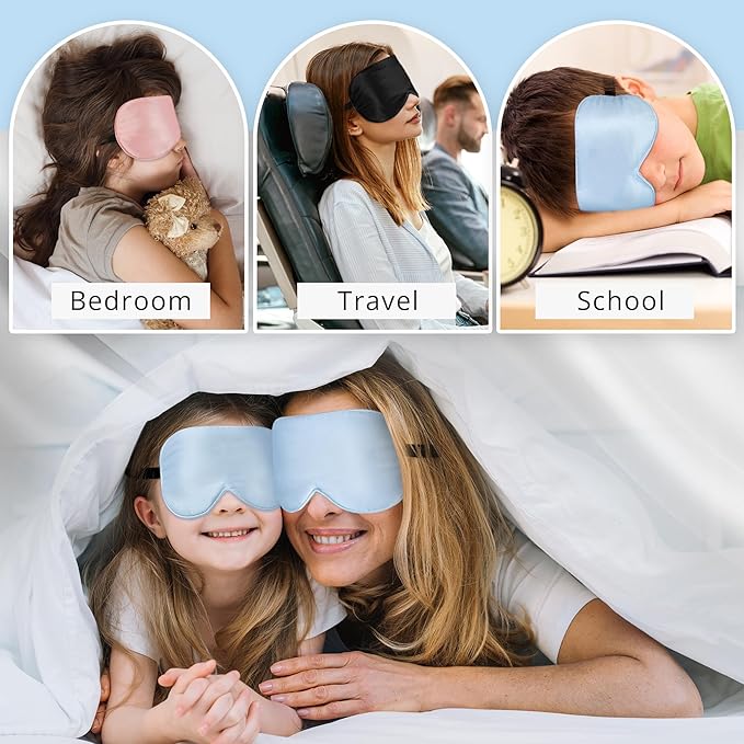 Silk Sleep Mask Eye Cover, 100% Real Natural Eye Mask for Sleeping with Adjustable Strap, 100% Silk Filling Blindfold, sleepmask for Kids/Teens/Adults, Sleeping Masks for Family (2 Blue)