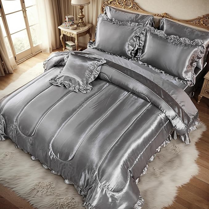 Satin Comforter Set with Sheet Set Queen 8 Pieces Silk Like Grey Bedding Silky Ruffle Pattern Luxury Silky Comforter Set with 1 Cushion Cover