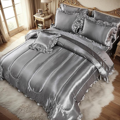 Satin Comforter Set with Sheet Set Queen 8 Pieces Silk Like Grey Bedding Silky Ruffle Pattern Luxury Silky Comforter Set with 1 Cushion Cover