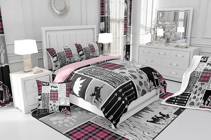 Erosebridal Western Comforter Set King,Bear Horse Cowboy Bedding Set,Pink Geometric Buffalo Grid Quilt,Rustic Famrhouse Duvet Insert Dream Catcher Arrow Decor 3Pcs for Kids Boys Teens Bedroom
