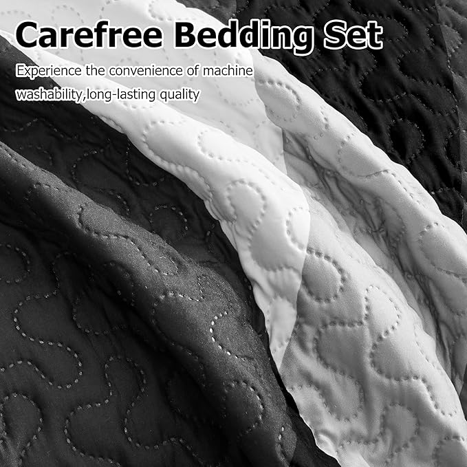 weesire Black and White Bedding Quilt Queen Size with 2 Shams, Modern Stripe Comforter Sets Classic Line Pattern Bedspreads Grey and White Coverlet, 90''x96''