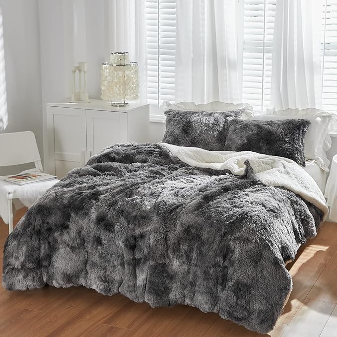 Luxury Faux Fur Shaggy Comforter Set King Size, Plush & Sherpa Reversible Comforter Tie Dye Black, 3 Pieces Fluffy Fuzzy Bedding Set Ultra Soft and Warm for Winter (1 Comforter + 2 Pillowcases)