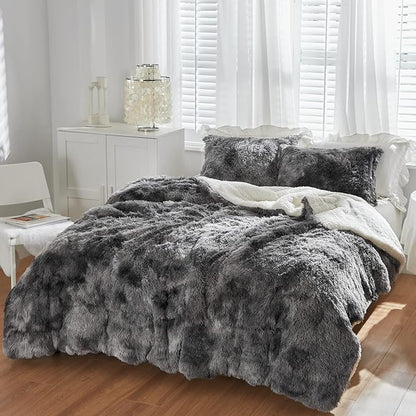 Luxury Faux Fur Shaggy Comforter Set King Size, Plush & Sherpa Reversible Comforter Tie Dye Black, 3 Pieces Fluffy Fuzzy Bedding Set Ultra Soft and Warm for Winter (1 Comforter + 2 Pillowcases)