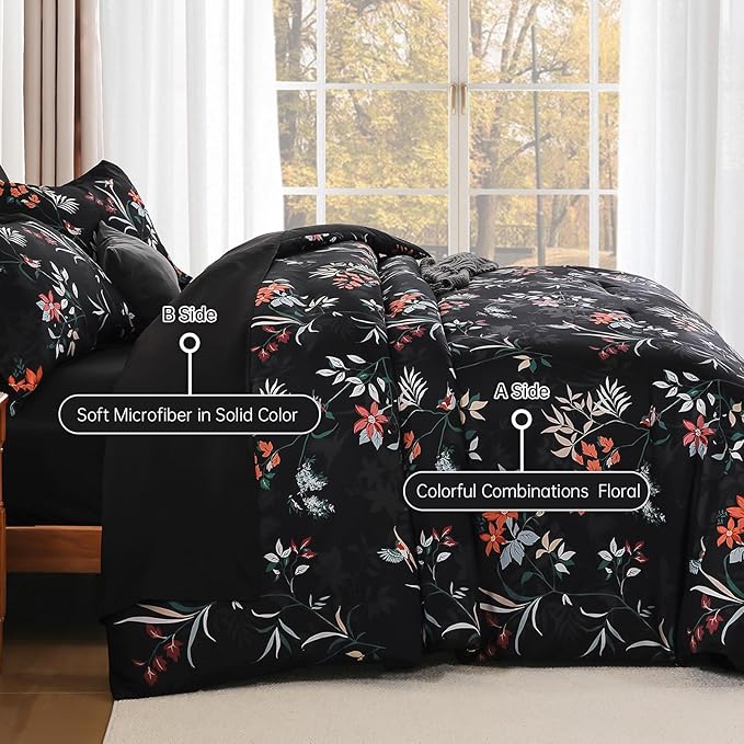 Black Queen Comforter Size Set, 7 Pieces Floral Bed in a Bag Bedding Sets, Lightweight Soft Comforter and Sheet Set, All Season Microfiber Flower Bedding Sets