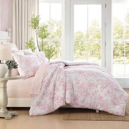 Laura Ashley - Comforter Set, Soft Poly Waffle Textured Bedding with Matching Sham, Delicate Floral Design (Delphine Pastel Pink, Twin)