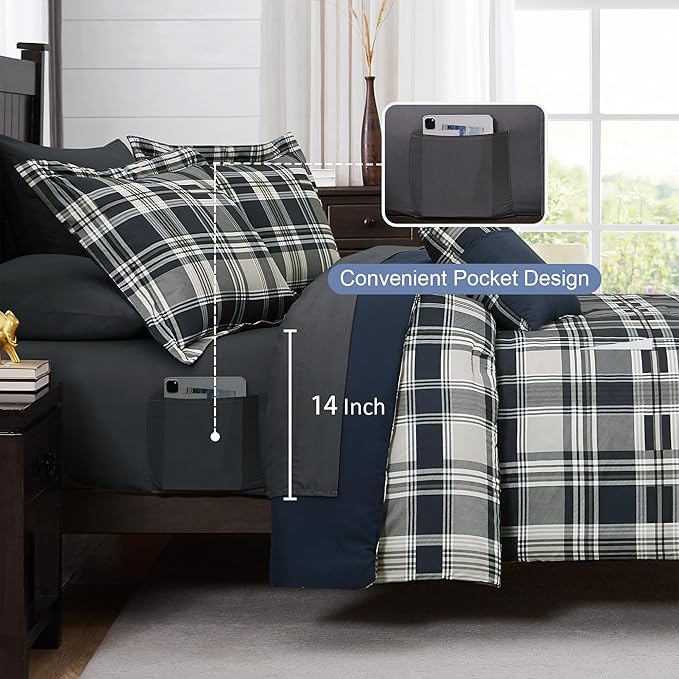 MaiRêve Full Size Comforter Set Navy Blue, Plaid Design Comforter Set 7 Pieces, All Season Comfortable Bedding Sets Full, Lightweight, Soft and Warm (Navy Blue, Full)