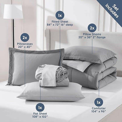 Nestl 7 Piece California King Comforter Set – Grey Reversible Bed in a Bag – Complete Cal King Size Bedding Set with Sheets, Pillowcases and Shams