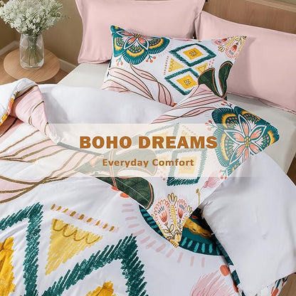 Boho Floral Queen Comforter Set - 3 Piece Farmhouse Botanical Bedding Comforter Sets for All Season Soft Lightweight Mid Century Modern Bed Set, (1 Reversible Comforter and 2 Pillow Shams