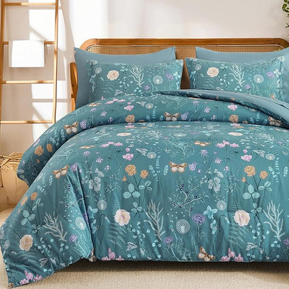 Yiran King Size Comforter Set, 7 Pieces Mineral Blue Floral Soft Bedding Sets, King Bed in a Bag Botanical Flowers All Season Comforter, Sheets, Pillowcases & Shams