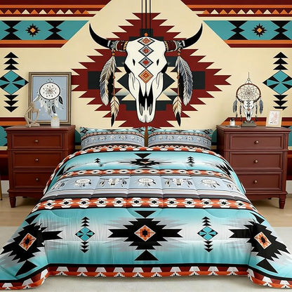 Erosebridal Western Bedding Set King,Southwestern Comforter Set Exotic Bull Skull Duvet Insert for Kids Child,Dream Catchers Aztec Bed Quilt Tribe Feather Western Animals Boho Decor Red Black